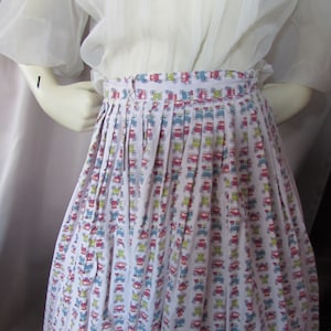 Mid Century 1950 Style Full Skirt White Cotton Blue Yellow Red Carriage Print Stripe Pattern Bobby Sox Style