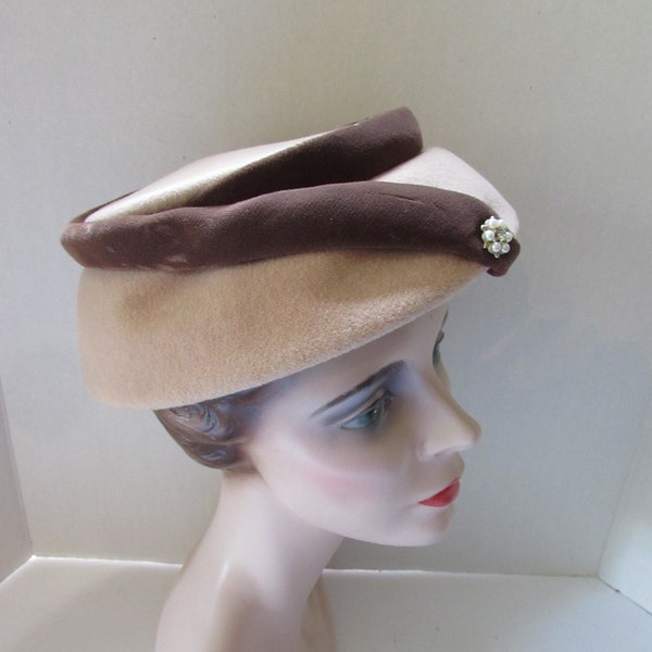 SALE Vintage Hat Mid Century Style Millinery Felt Velvet Band Rhinestone Decor Fall Hat Winter Hat Melanee Hats Latte Tone Chocolate Brown