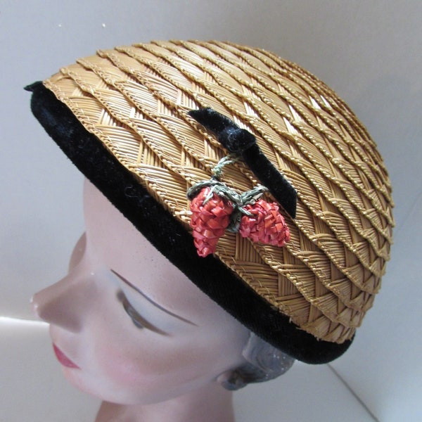 Vintage Hat Straw Topper Raffia Strawberries Black Velvet Brim Domed Shape 1960 Era Spring Hat Summer Hat