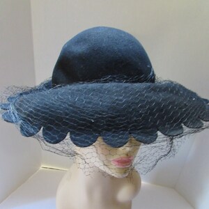 Black Hat Mid Century Wool Felt Wide Brim Scallop Edge High Crown Merrimac Brand Vintage Hats Vintage Fashions
