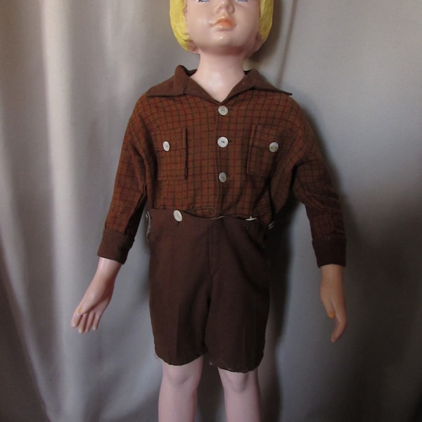 Vintage Boy Outfit Long Sleeve Jacket Side Button Shorts Brown Plaid Wool Fabric '30s '40s Era Vintage Child Clothes