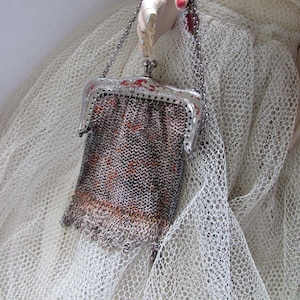 Antike Puppen Geldbörse Dresdner Stil Mesh Geldbörse Orange Silber Kleine Mädchen Größe Vintage Geldbörsen Bemalte Mesh Bemalte Rahmen Vintage Accessoires