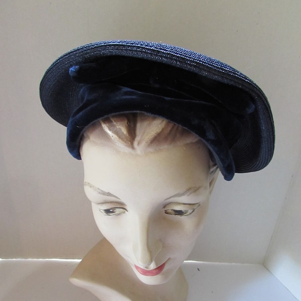 Vintage Hat Mid Century Navy Straw Navy Velvet Bow Juli Kay Chicago Rounded Disc Velvet Platform
