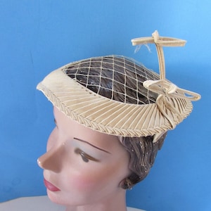 Vintage Hat Whimsical Hat Gros Grain Pleated Ribbon Cream Tone Pair Antennae 1950 Style Spring Hat Summer Hat
