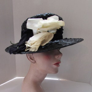 Mid Century Wide Brim Hat Black White Woven Cellophane White Roses Velvet Bow Vintage Hats Spring Hat Summer Hat High Fashion Hat image 1