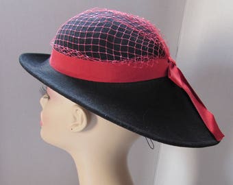 Mid Century Hat Black Felt Hat Red Ribbon Red Hat Veil Tear Drop Shape Lancaster Hats Made in USA Winter Hat Vintagae Hats Ladies Fashions