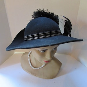 Black Felt Hat Wide Brim Upturned Brim Ostrich Feather Coq Feather Spray Mr John Classic Vintage Hats Winter Hat Vintage Fashions