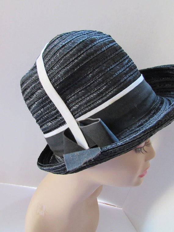 High Crown Hat Black Straw White Stripe Accent 19… - image 7