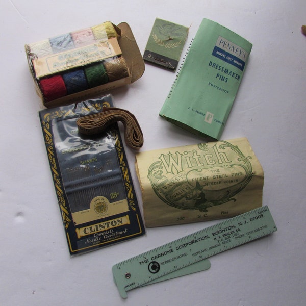 Vintage Sewing Items Sewing Accessories Dressmaker Pins Witch Steel Pins Clinton Needles J P Coats Darning Plastic Ruler Paper Tape Measure