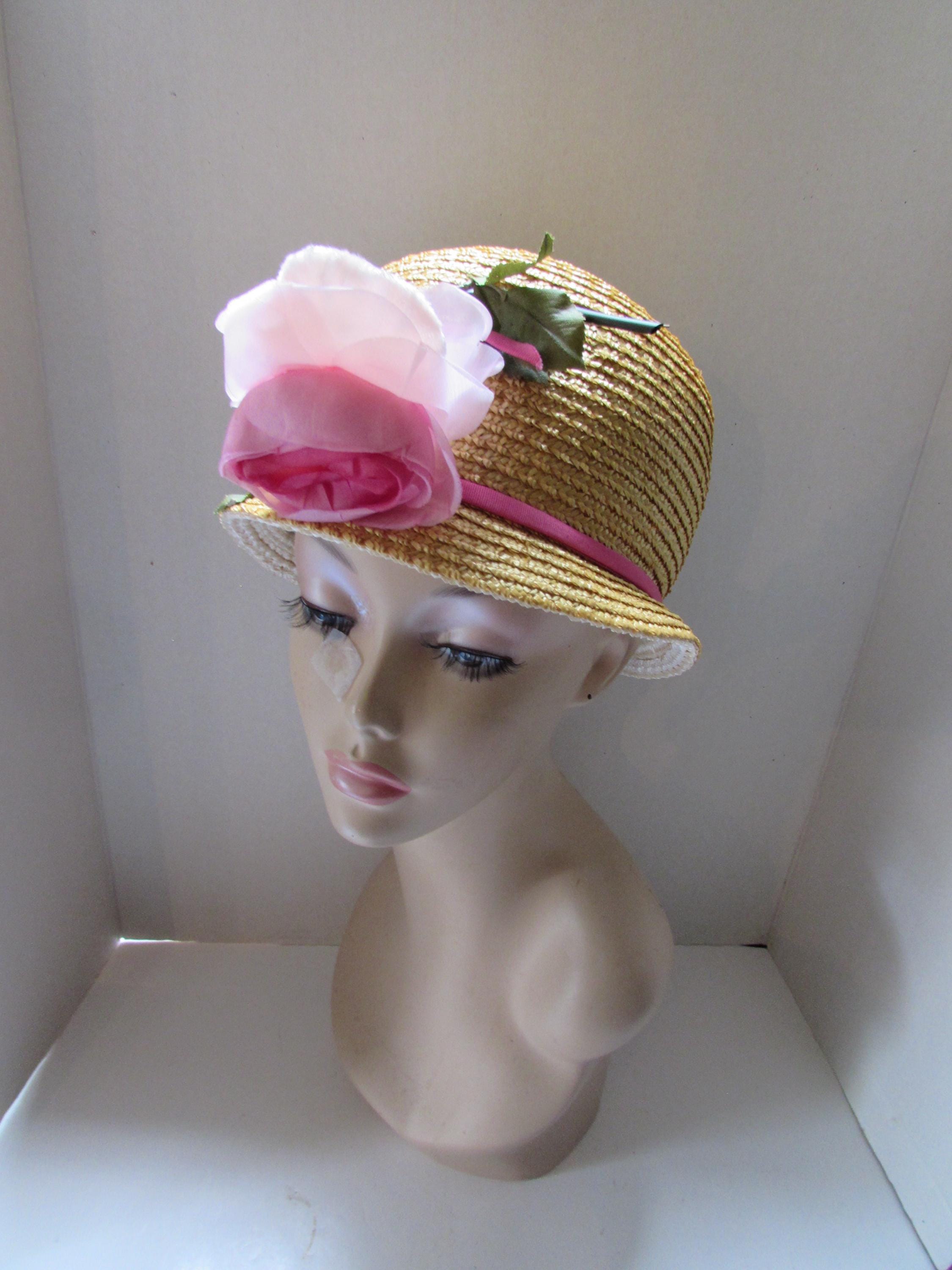 SALE Sweet Mid Century Cloche Style Straw Hat with Pink Rose Pink Straw Cloche Hat: Handmade Velvet Rose Trim, Tea Party  main image 3