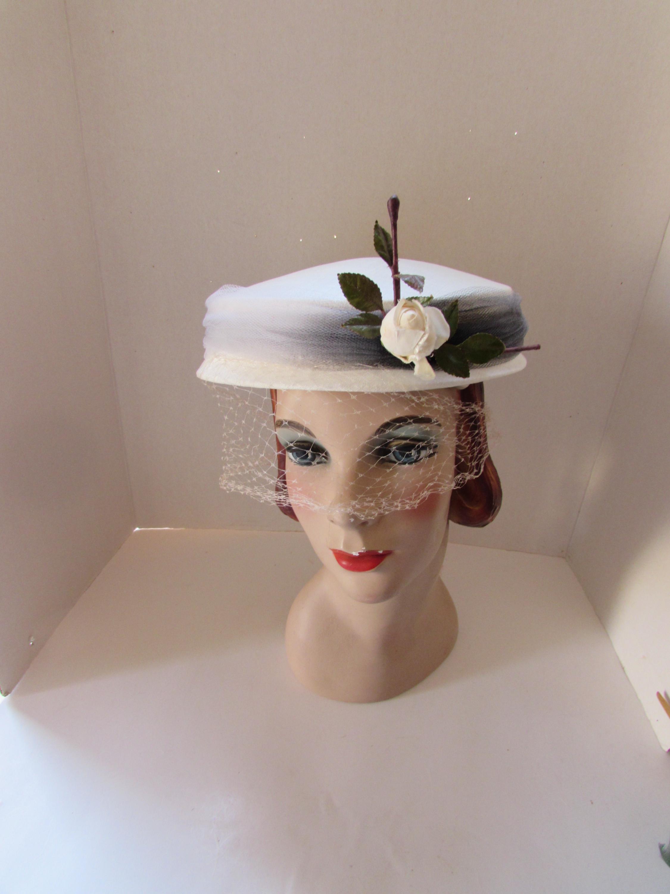 Vintage White Rose Hat, Gray Tulle Veil, Mid Century Style 