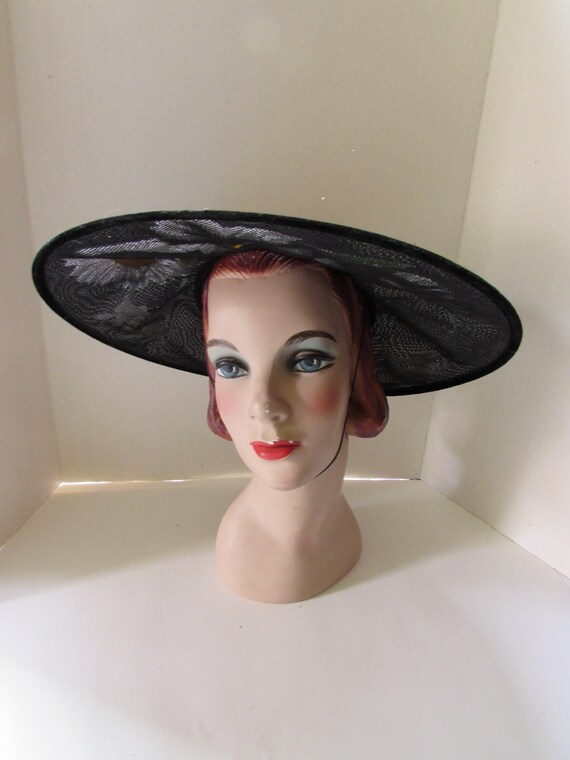 Wide Brim Black Net Hat, Hidden Daisies, Velvet Bow  display picture 3