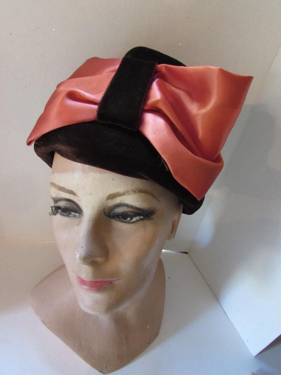 SALE Vintage Bucket Hat Brown Velvet Copper Satin Bow 40s Brown Velvet Bucket Hat Copper Satin Bow Slouch - Etsy main image 3
