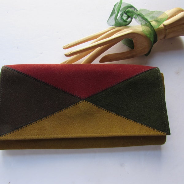 Vintage Wallet Vintage Clutch Princess Gardner 1970 Era Suede Earth Tone Rust Red Moss Green Mustard Gold Deep Brown Patchwork Pattern