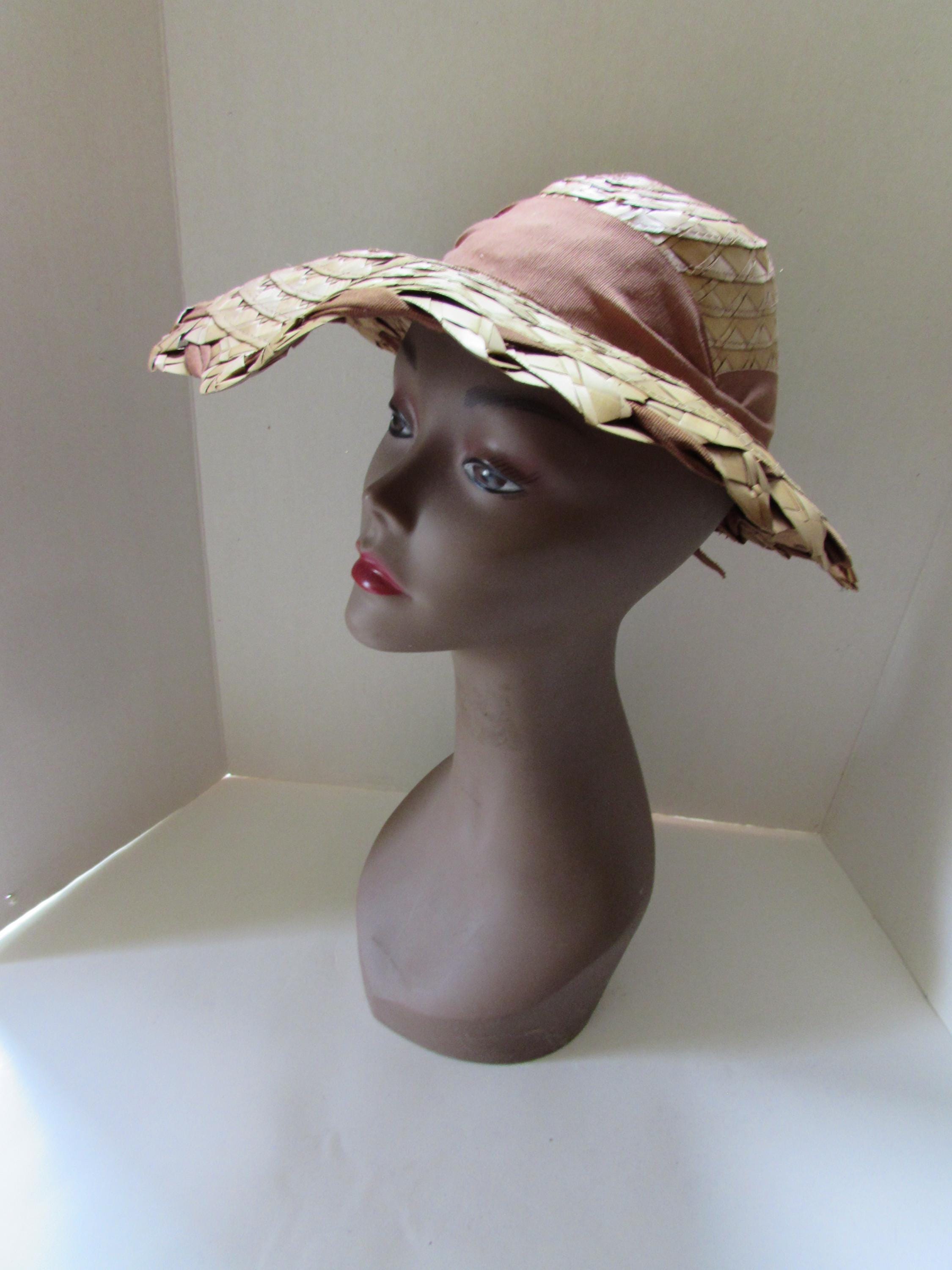 Vintage Straw Hat Woven Raffia Brown Ribbon Bow Wide Brim  display picture 2