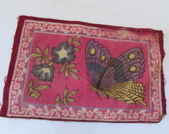 Tobacco Felt Cigar Flannel Butterfly Design Early 20th Century Pink Purple Gray Yellow 1910 Era Antique Felt Dollhouse Rug