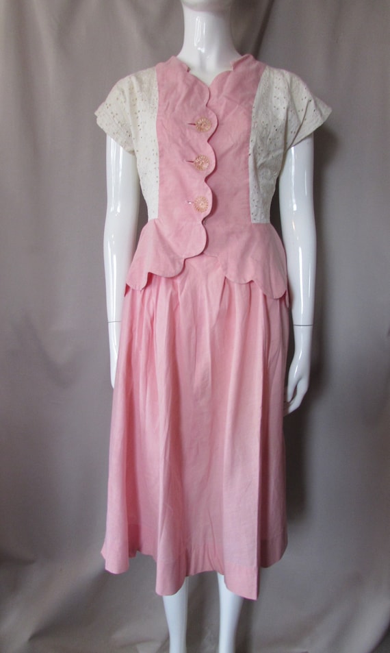 Vintage Outfit Top & Skirt Pink Cotton White Eyele