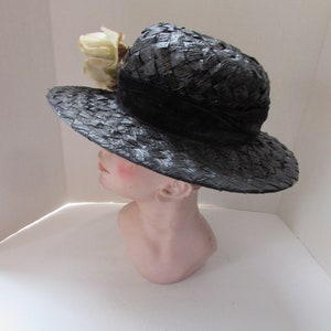 Mid Century Wide Brim Hat Black White Woven Cellophane White Roses Velvet Bow Vintage Hats Spring Hat Summer Hat High Fashion Hat image 7