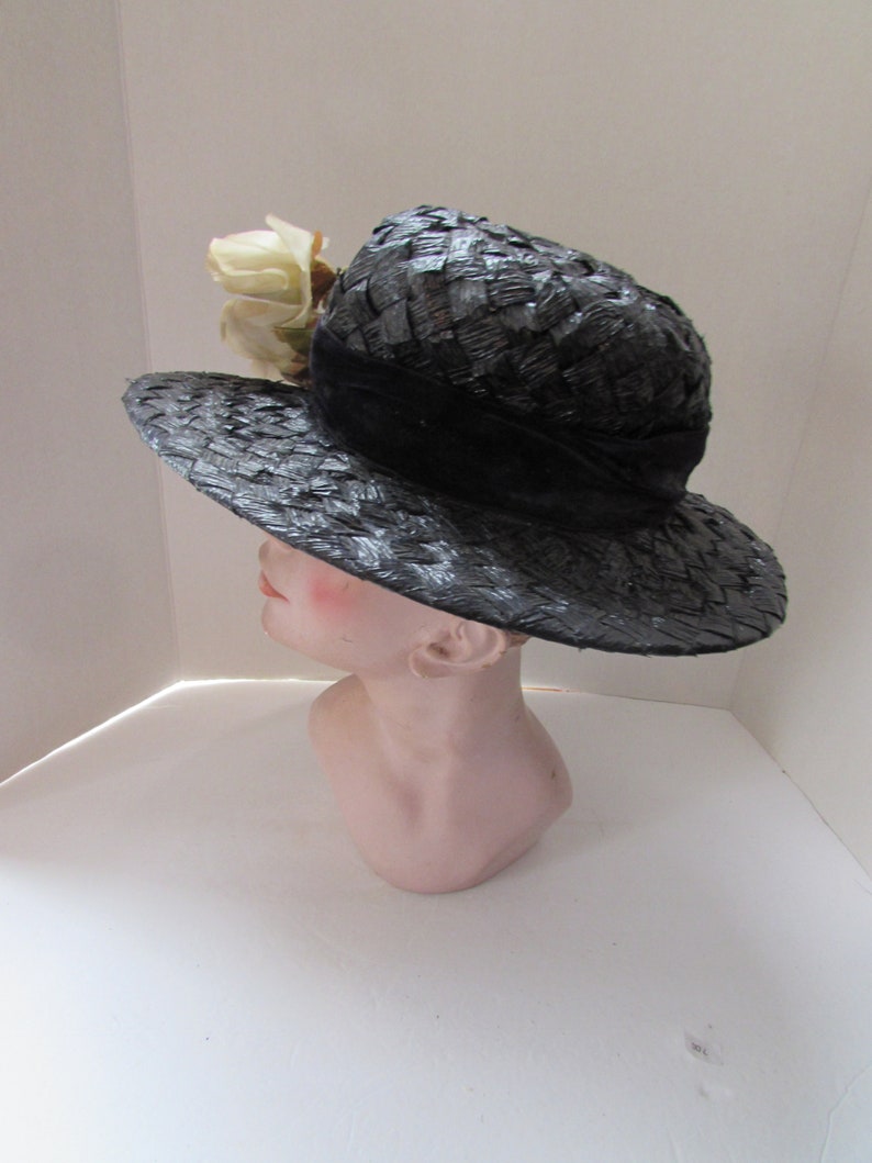 Mid Century Wide Brim Hat Black White Woven Cellophane White Roses Velvet Bow Vintage Hats Spring Hat Summer Hat High Fashion Hat image 7