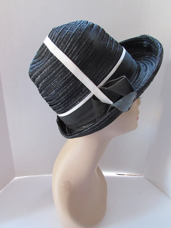 High Crown Hat Black Straw White Stripe Accent 19… - image 1