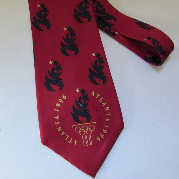 1996 Atlanta Olympics Unisex Neck Tie Perry Ellis American Olympic Games Made in USA Cranberry Red Navy Flames All Silk