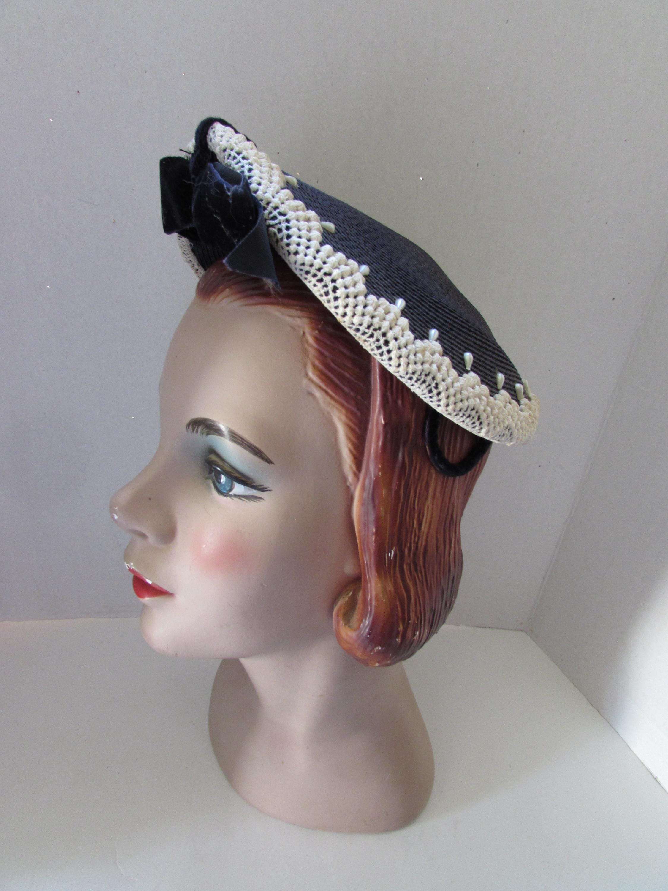 Elegant Vintage 1950\'s Navy Wool Hat with Pearl Detail 1950s Navy Hat - Etsy main image 4