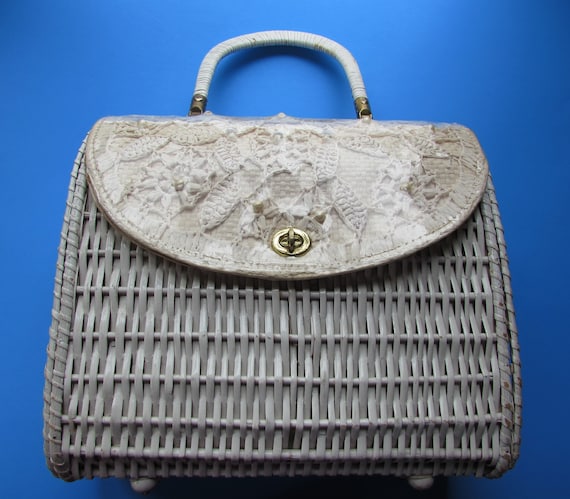 White Wicker Mid Century Purse Crochet Flap Marcus Brothers Miami