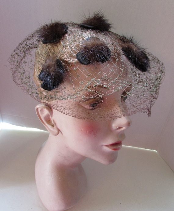 Whimsy Hat Mid Century Era Dark Brown Mink Dark Brown Net 