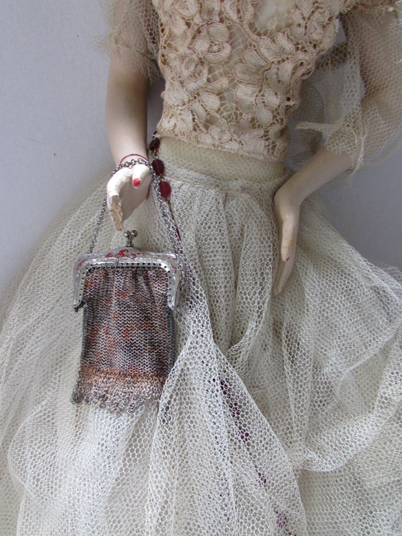 Antique Doll Purse Dresden Style Mesh Purse Orang… - image 2