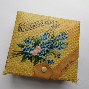 Handkerchief Box Souvenir Box Ashland WI Hand Painted Blossoms Weave Design Suede Snap Close Red Paper Liner Hankie Storage