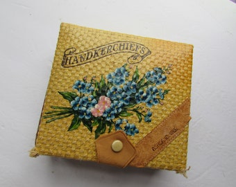 Handkerchief Box Souvenir Box Ashland WI Hand Painted Blossoms Weave Design Suede Snap Close Red Paper Liner Hankie Storage