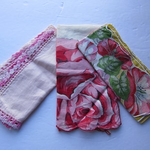 Trio Handkerchiefs Vintage Hankies Theme of Pink Pink Flowers Pink Edging Crochet Lace Mid Century Design Vintage Accessories