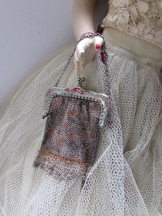 Antique Doll Purse Dresden Style Mesh Purse Orang… - image 1