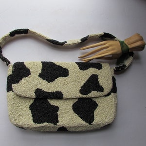 Beaded Purse Black White Holstein Pattern Moyna Purse Top Handle