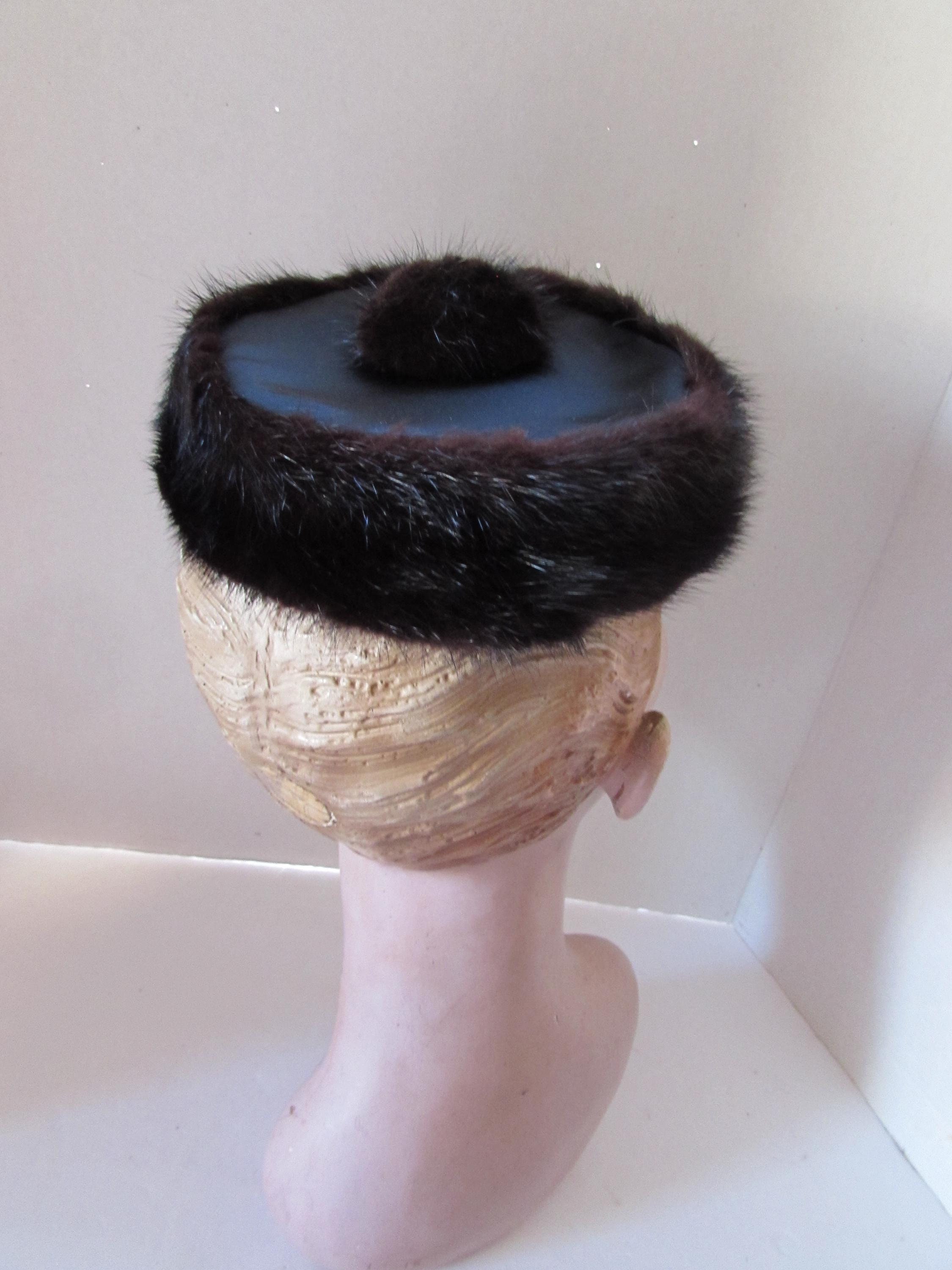 Pill Box Hat Brown Black Mink Vintage Mid Century 1960 Era Mink