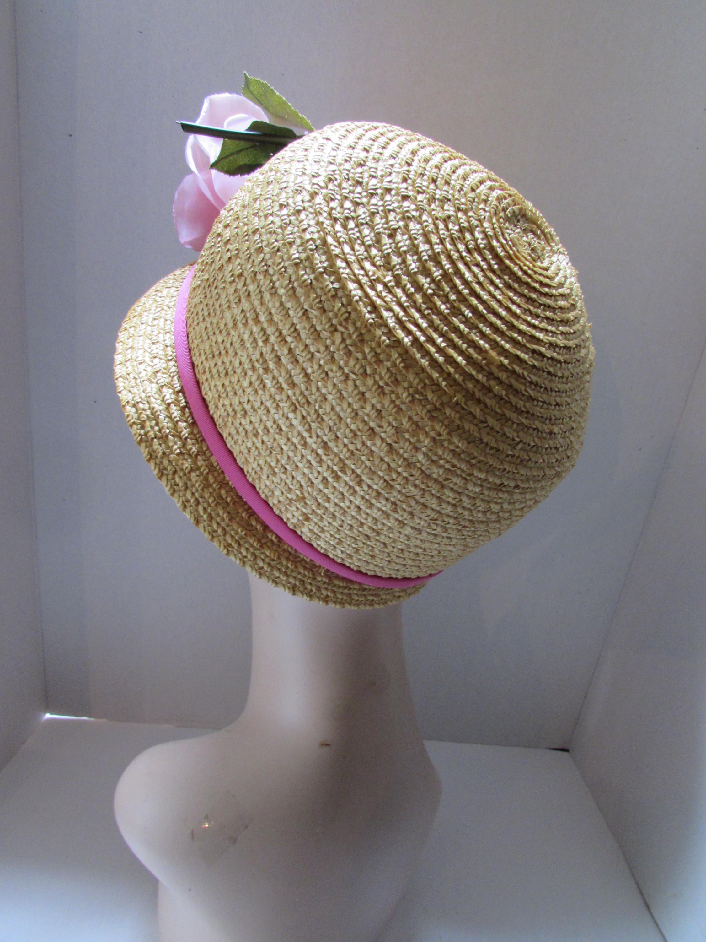 SALE Sweet Mid Century Cloche Style Straw Hat with Pink Rose Pink Straw Cloche Hat: Handmade Velvet Rose Trim, Tea Party  main image 2