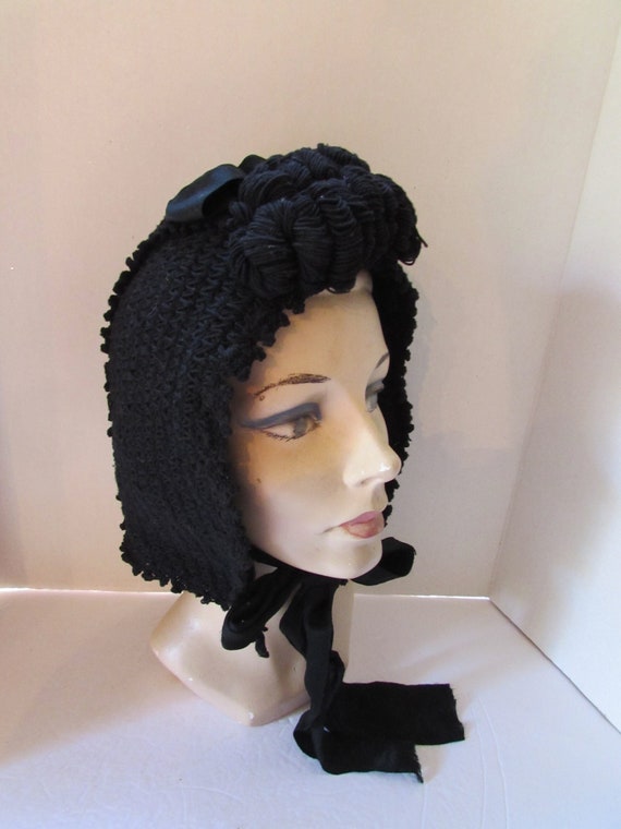 SALE Victorian Style Black Crochet Winter Bonnet … - image 1