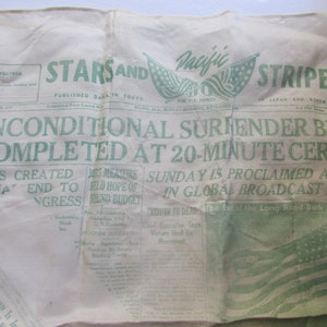 SALE Vintage Scarf Newspaper Headlines Japan Surrender Stars and Stripes Pacific Theater
