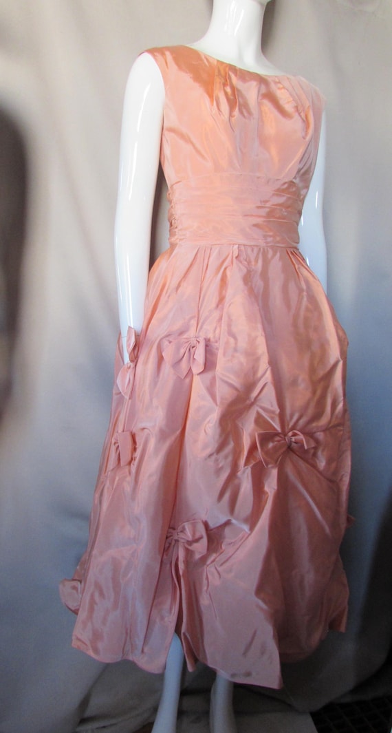Mid Century Melon Taffeta Cocktail Dress: Bow Bedecked Full Skirt