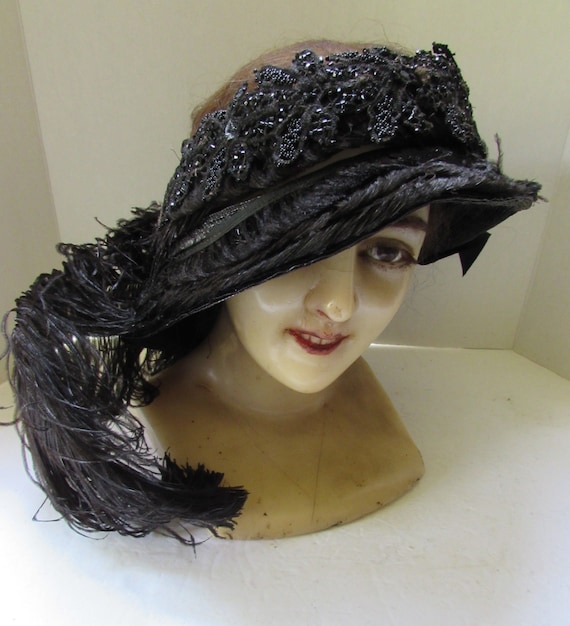Antique Hat Edwardian Era Black Beaded Hat Curved… - image 2