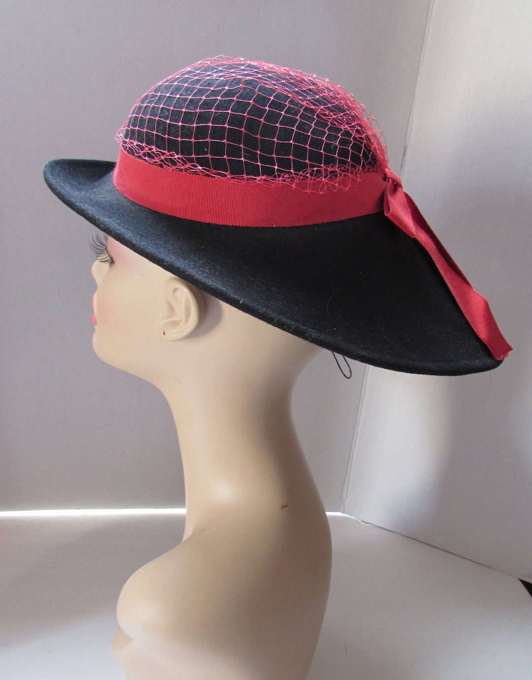 Mid Century Hat Black Felt Hat Red Ribbon Red Hat Veil Tear Drop Shape
