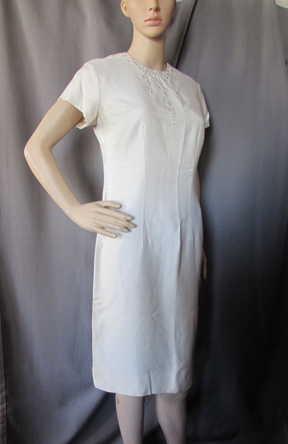 Vintage Dress Special Event Dress 1960 Era Oyster Tone Sheath Princess Seamed Faux Pearl Trim Marcy Allen Originals Short Sleeved
