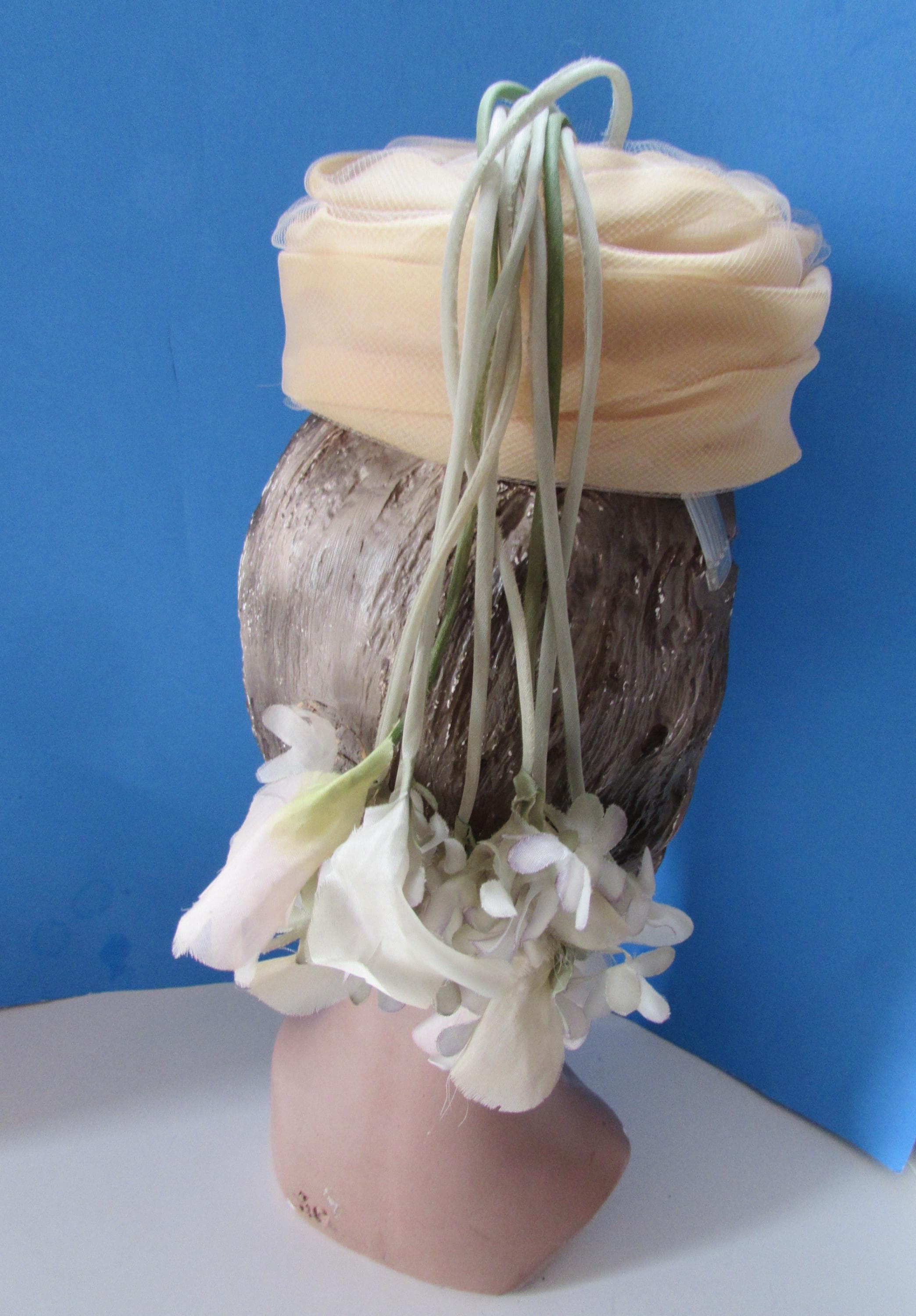 Vintage Little Topper Hat Pleated Organdy Dangling Blossoms Vintage Topper Hat Pleated Organdy Dangling Blossoms 1960  main image 2