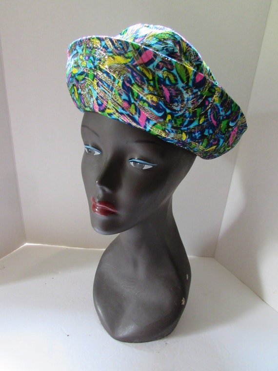 1960 Era Vintage Hat Swirls on Fabric Neon Pink Ye