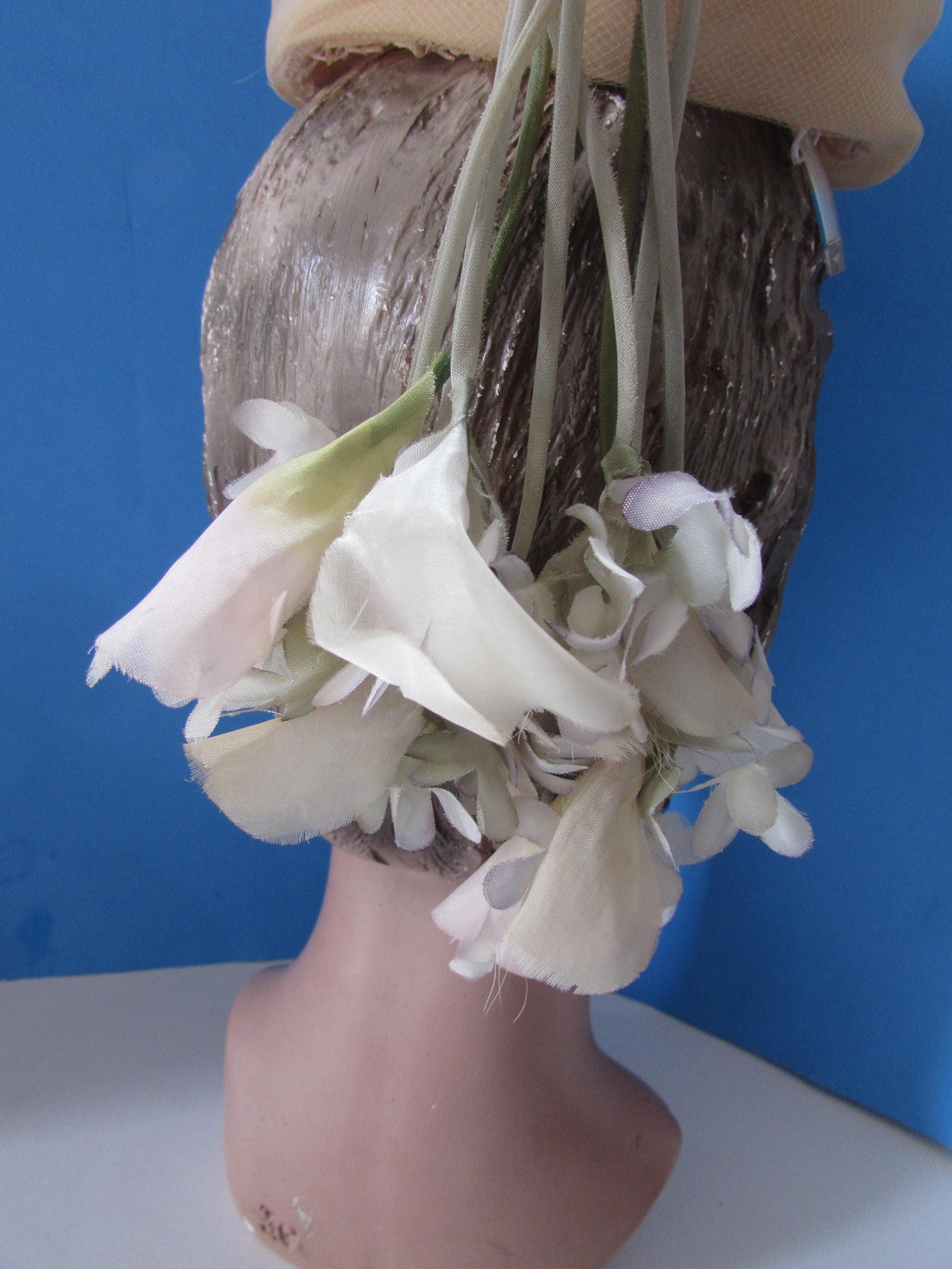 Vintage Little Topper Hat Pleated Organdy Dangling Blossoms Vintage Topper Hat Pleated Organdy Dangling Blossoms 1960  main image 4