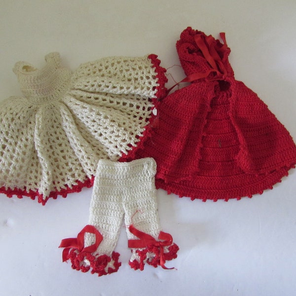 Vintage Doll Clothes Crochet Hand Made Little Red Riding Hood Red White Yarn Full Skirt Dress Ribbon Bedecked Pantaloon Hooded Cape
