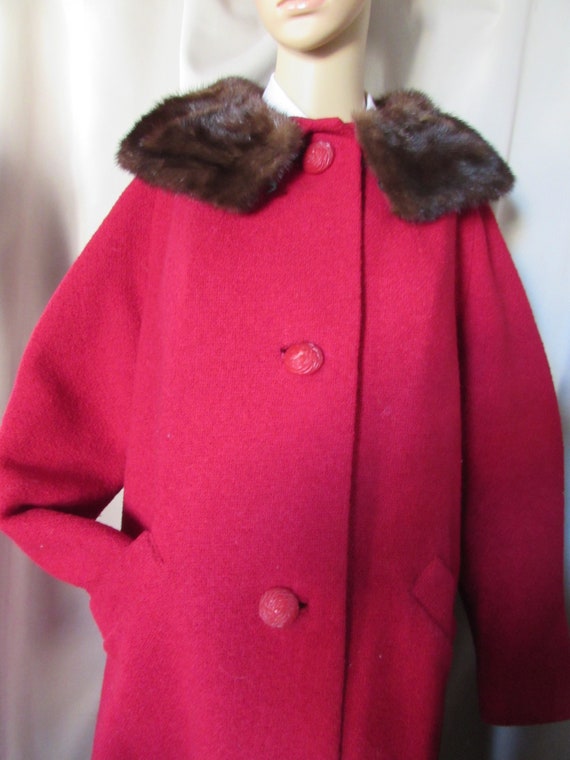 Vintage Coat Winter Coat Deep Red Wool Fur Collar… - image 7