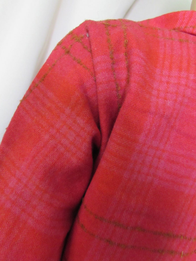 1960 Era Bobbie Brooks 2 Piece Suit Wool Blend Raspberry Plaid Boxy Jacket Fringed Neck Bow Dolman Sleeves Box Pleat Skirt Vintage Fashions image 9