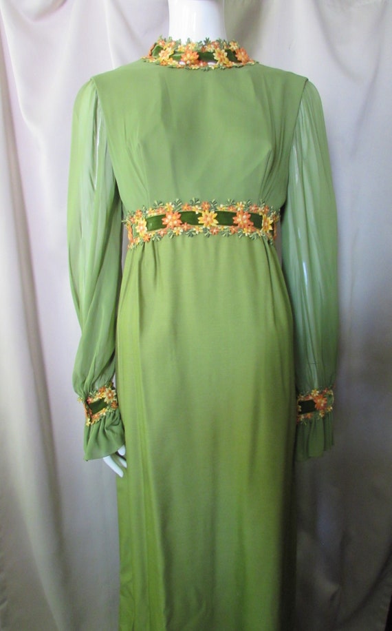 SALE 1970 Era Vintage Long Gown Avocado Green Oran