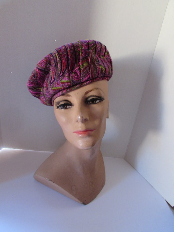 SALE Vintage Hat Beret Style Neon Paisley 1970 St… - image 2